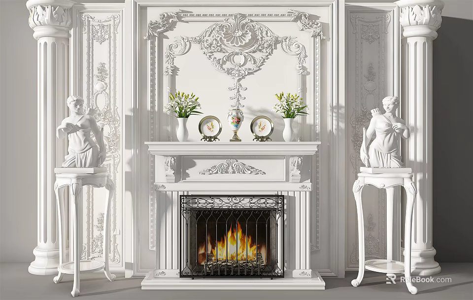 Elegant White Ornate Fireplace With Flaming Hearth Mantel Vases Clocks And Statues 3d model 