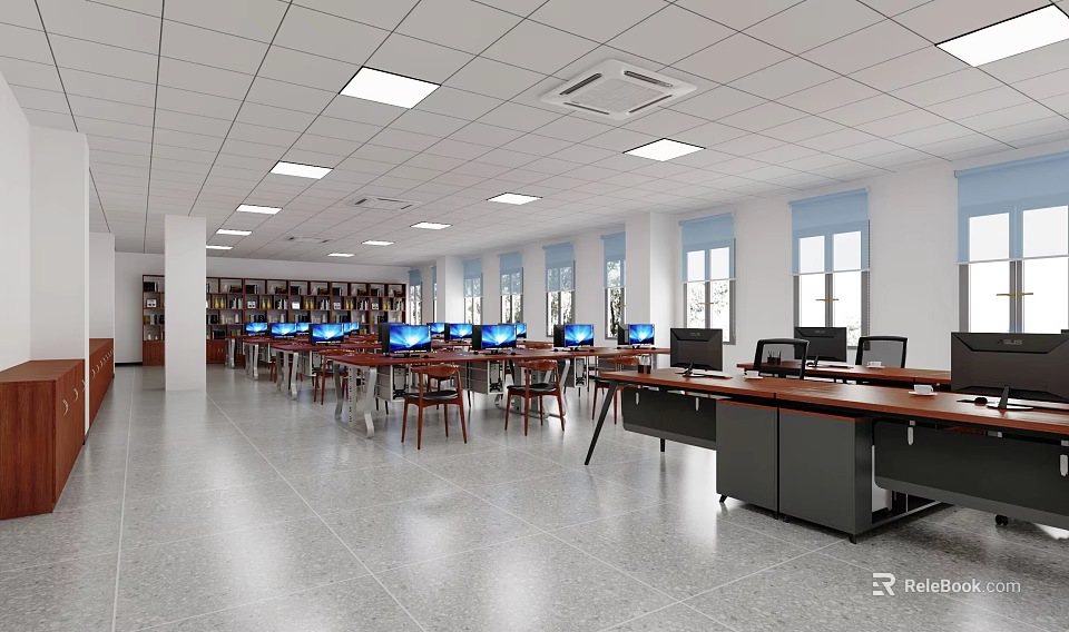 Spacious Office Workspace With Computer Workstations Wooden Desks Chairs Bookshelves Windows And Ceiling Lighting 3d model 