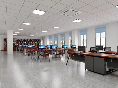 Spacious Office Workspace With Computer Workstations Wooden Desks Chairs Bookshelves Windows And Ceiling Lighting 3d model