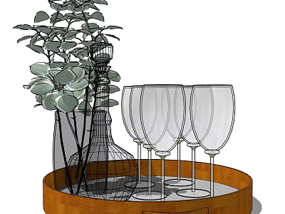 Elegant Wine Bottle And Glasses Arrangement On Circular Wooden Tray With Green Plant 3d model