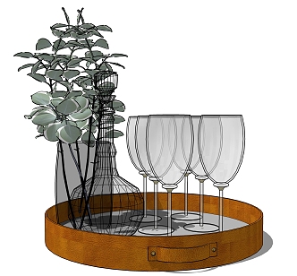 Modern Wine Glass Dining Table Ornaments Wine Bottle Cup Green Plant 3d model