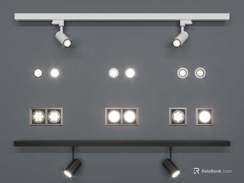 Modern Downlights and Spotlights Lighting Fixtures with Various Styles Illuminated on Gray Wall 3d model 