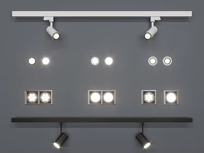 Modern Downlights and Spotlights Lighting Fixtures with Various Styles Illuminated on Gray Wall 3d model