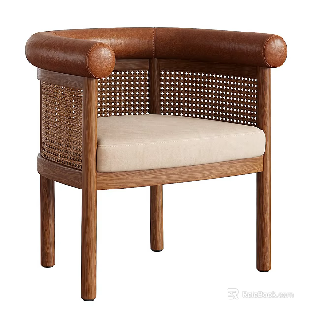 Wooden Rattan Chair With Leather Armrests And Light Padded Seat Design 3d model 