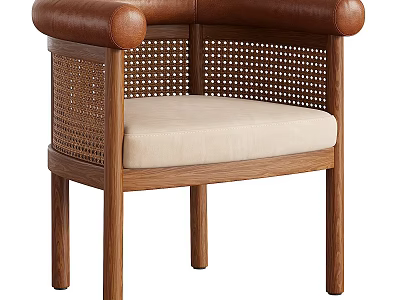 Wooden Rattan Chair With Leather Armrests And Light Padded Seat Design 3d model