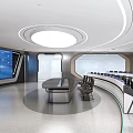 Modern Control Room Interior Design With Large Screens Circular Layout Workstations And Computers 3d model