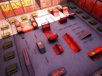 Indoor Skate Park With Graffiti Red Walls Red Orange Ramps Stairs And Benches 3d model