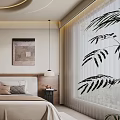 Modern Bedroom Interior With Circular Ceiling Light Strips Decorative Painting And Plant Patterned Window