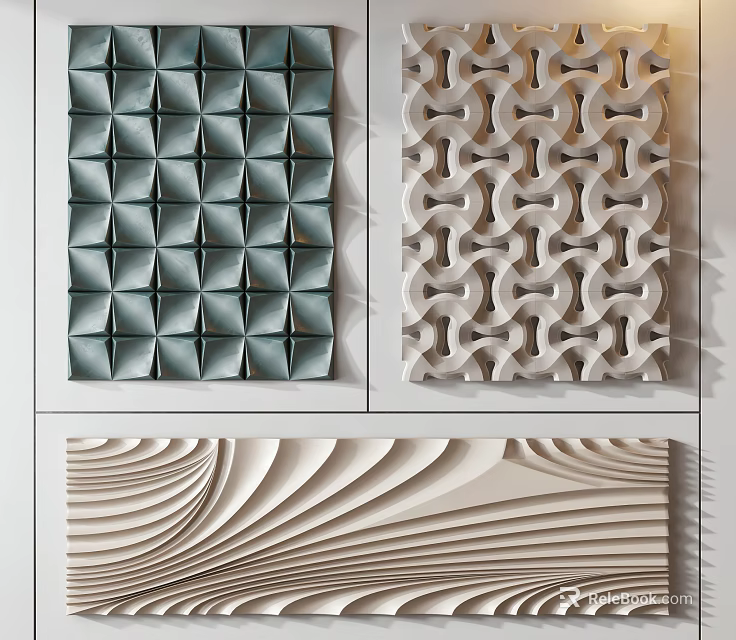 Modern 3D Wall Decor With Teal Grid Beige Interlocking Ring And Wavy Layered Designs 3d model 