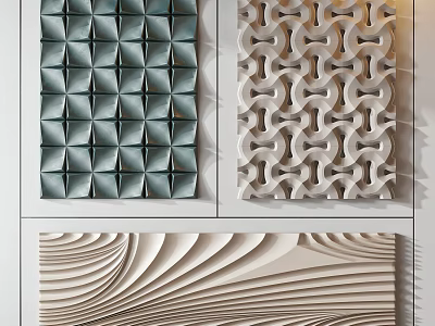 Modern 3D Wall Decor With Teal Grid Beige Interlocking Ring And Wavy Layered Designs 3d model