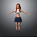 3D Character With Red Hair White Crop Top Blue Pleated Skirt Gray Boots Arms Outstretched