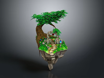 Lush Green Floating Island Scene With Tree Trunk Stone Bridge Path And Grass 3d model