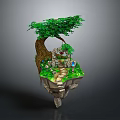 Lush Green Floating Island Scene With Tree Trunk Stone Bridge Path And Grass 3d model