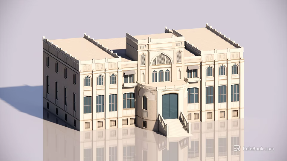 Traditional Building Model With Arched Door Symmetrical Windows And Stone Exterior Design 3d model 