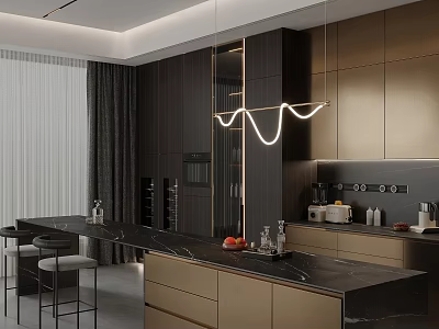 Luxury Modern Kitchen Interior With Dark Gold Cabinets Black Marble Island And Hanging Light 3d model