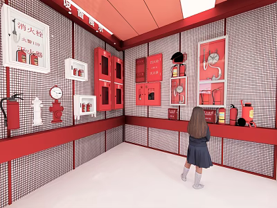 Kid Learning Fire Safety Equipment In Red Exhibition Room With Extinguishers 3d model