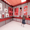 Kid Learning Fire Safety Equipment In Red Exhibition Room With Extinguishers