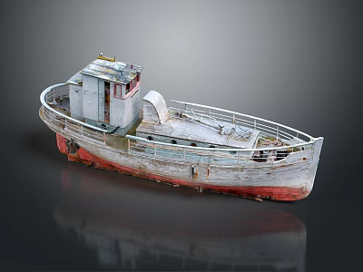 Vintage Weathered Wooden Boat With Red And White Hull Railing And Small Cabin 3d model