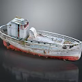 Vintage Weathered Wooden Boat With Red And White Hull Railing And Small Cabin