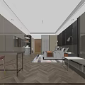 Modern Hotel Room Interior With King Bed Sofa Desk Herringbone Wooden Floor And Ambient Lighting
