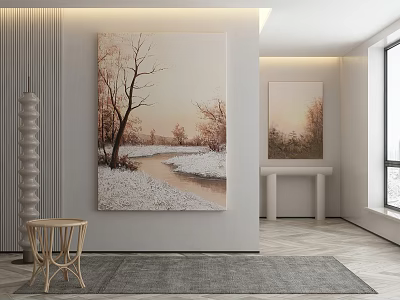 Large Abstract Painting Featuring Snowy Trees and Path in Modern Interior Wall Decor 3d model