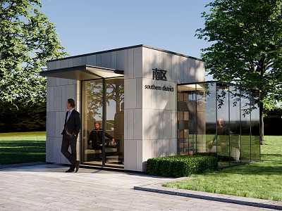Modern Entrance Gate With Stone Wall And Glass Door Surrounded By Greenery And Trees 3d model