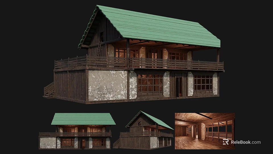 Historic Traditional Building With Green Roof Wooden Structure Stone Walls Balcony And Wooden Interior Details 3d model 