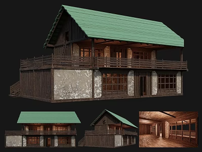 Historic Traditional Building With Green Roof Wooden Structure Stone Walls Balcony And Wooden Interior Details 3d model