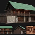 Historic Traditional Building With Green Roof Wooden Structure Stone Walls Balcony And Wooden Interior Details