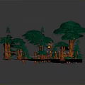 Enchanted Forest Scene With Pine Trees Broadleaf Trees Wooden Structures And Lanterns