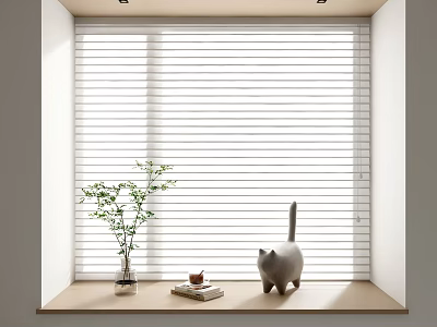 White Window Blinds With Cat Potted Plant Books And Coffee Cup On Window Sill 3d model