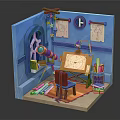 Cartoon Style Blue Room Scene With Easel Colored Pencils Telescope Arched Window And Star Moon Decorations