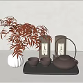 Elegant Brown Tea Set with Teapot Teacups Tray Tea Canisters White Vase Red Leaf Plant