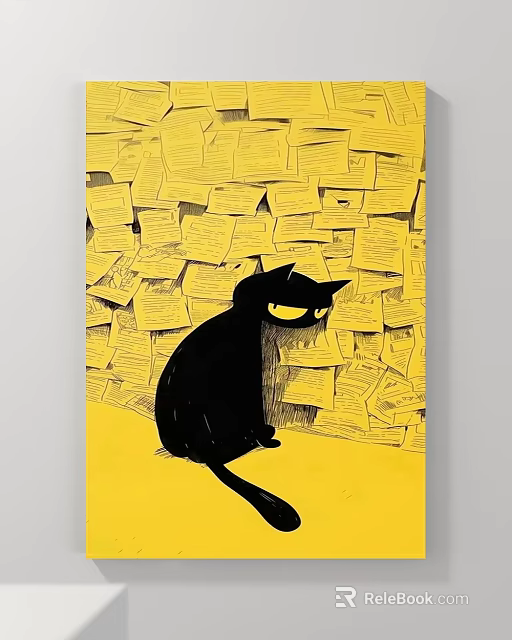 Black Cat Animal Painting with Yellow Eyes on Yellow Papers Background 3d model 