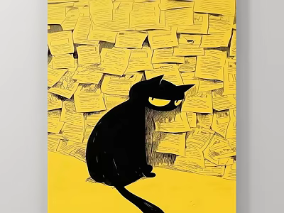 Black Cat Animal Painting with Yellow Eyes on Yellow Papers Background 3d model