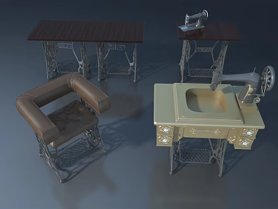 Vintage Sewing Machine Repurposed Furniture With Table Chair And Sink Counter 3d model