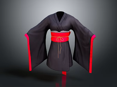 Traditional Black Japanese Kimono With Red Obi Belt And Red Cuffs Design 3d model