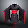 Traditional Black Japanese Kimono With Red Obi Belt And Red Cuffs Design