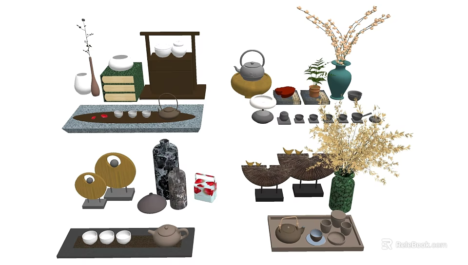 Traditional Tea Set Collection with Teapot Teacups Tray and Decorative Vase Plants 3d model 