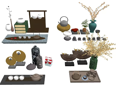 Traditional Tea Set Collection with Teapot Teacups Tray and Decorative Vase Plants 3d model