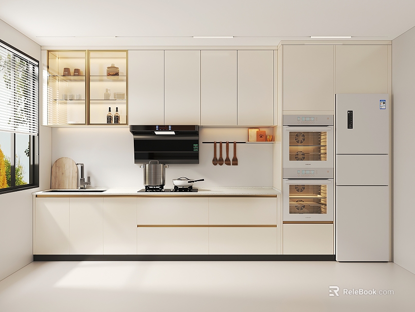 Modern White Kitchen Interior With Cabinets Appliances And Window Detail 3d model 