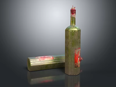 Green Glass Bottle With Red Cap And Decorative Gold Pattern Box On Black Surface 3d model