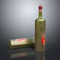 Green Glass Bottle With Red Cap And Decorative Gold Pattern Box On Black Surface