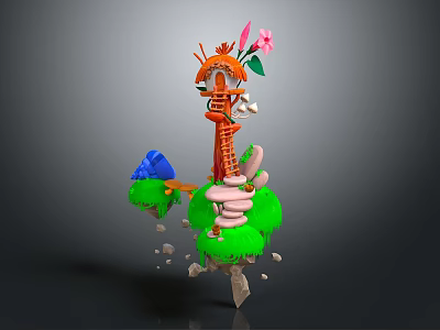 Vibrant Orange Character And Flower Creature On Green Floating Island Grass With Rocks 3d model