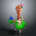Vibrant Orange Character And Flower Creature On Green Floating Island Grass With Rocks