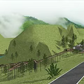 Traditional Architecture With Mountain View Green Trees Grassland And Stone Road