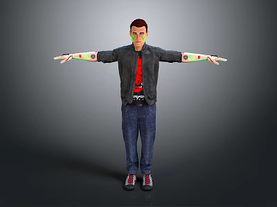 Game and Movie 3D Character Male With Black Jacket Red Tshirt Blue Jeans Open Arms 3d model