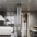 Modern Living and Dining Room Interior with White Sofa Metallic Partition and Dining Table Chairs