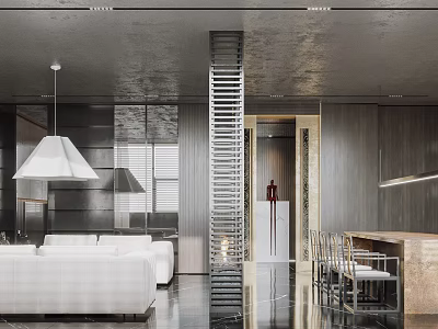 Modern Living and Dining Room Interior with White Sofa Metallic Partition and Dining Table Chairs 3d model