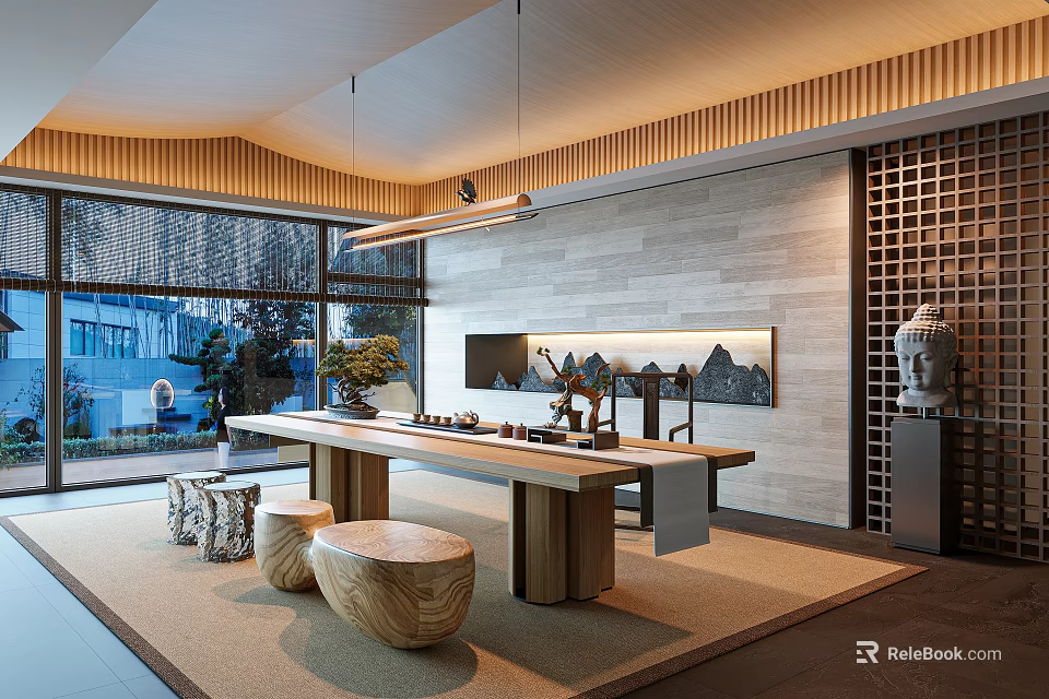 Zen Tea Room Interior Design With Wooden Table Stools Large Windows And Landscape Painting 3d model 